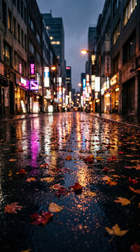 Rainy autumn city street glowing with colorful lights and reflections on wet pavement. Urban evening atmosphere with fallen leaves, architecture, and cinematic seasonal ambiance.