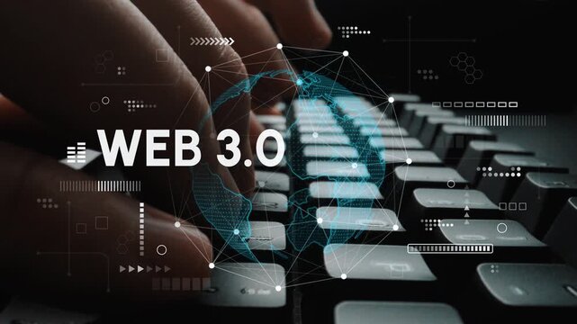Hands Typing on a Keyboard with Web 3.0 Conceptual Graphics Representing Digital Connectivity and Modern Technology Innovations. Entropy.
