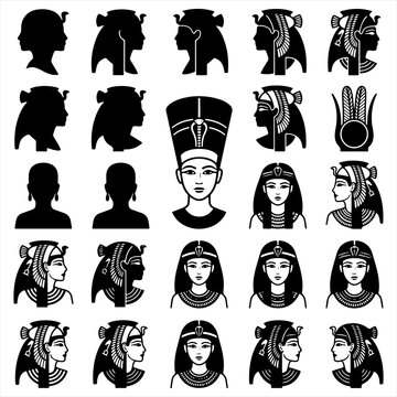 Ancient egyptian queen profile silhouettes and historical portraits vector set with ancient icons pharaoh symbols cleopatra graphics egyptian figures cultural illustrations heritage elements