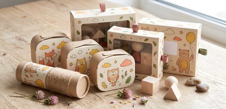 Eco-friendly wooden children toys packaged in illustrated beige craft paper boxes arranged on a natural light wood table bathed in soft window sunlight.
