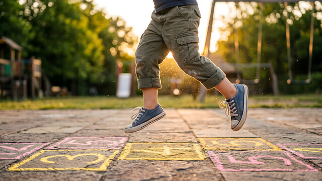 Energetic child mid-jump on a hopscotch court, enjoying active outdoor play in a vibrant, sunlit park