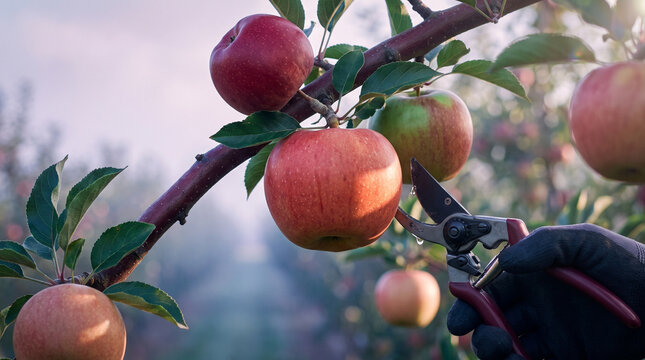 Hand pruning a red apple from a tree branch in an orchard  