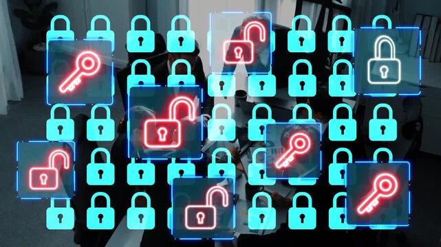 Digital Security Concept with Colorful Lock Icons and Keys Representing Cybersecurity and Data Privacy in a Modern Workspace Environment. Entropy.