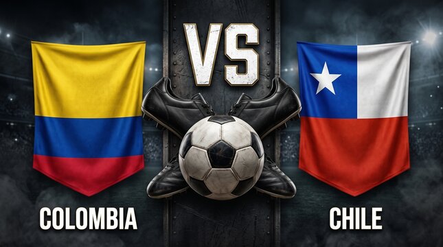 Soccer match poster featuring national flags of Colombia and Chile positioned next to professional black cleats and a classic ball