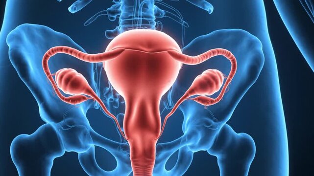 3d illustration of the female reproductive system showing the uterus, ovaries, and fallopian tubes within the pelvic bone structure
