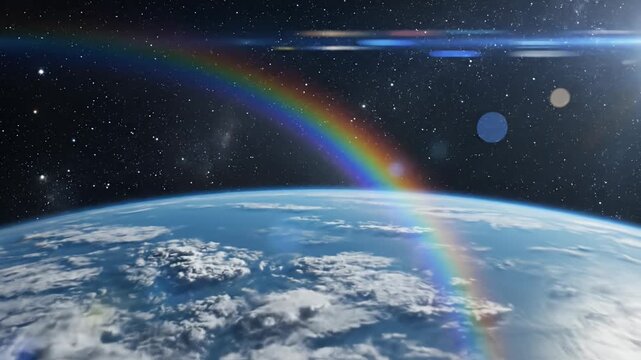 Planet Earth in space with rainbow and bright lens flare