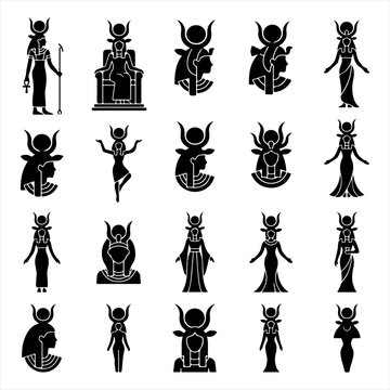 Set of ancient egyptian goddess isis silhouette icons and symbols with ancient egypt mythology icons black icons egyptian deity historical figure vector set goddess symbol religion symbol
