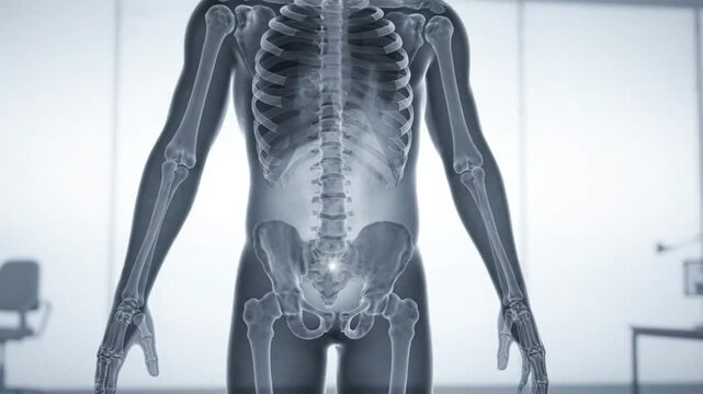 Medical X-Ray Visualization of Human Skeleton and Pelvic Region, Highlighting Internal Anatomy, Bones, Spine, Abdomen and Urinary System for Healthcare and Diagnostic Imaging
