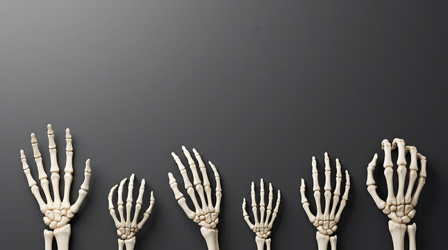 3D rendered skeleton hands on dark background for Halloween holiday design backdrop.