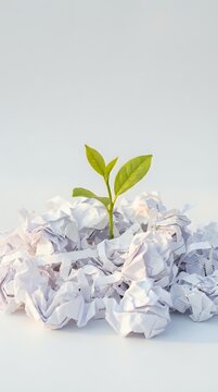 Green seedling sprouting from crumpled white paper waste, symbolizing