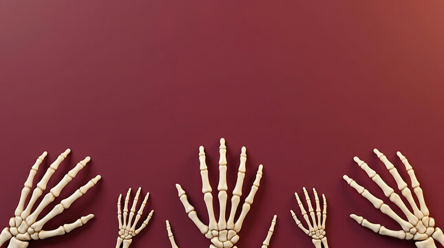 3D skeleton hands on dark red background for Halloween holiday design template