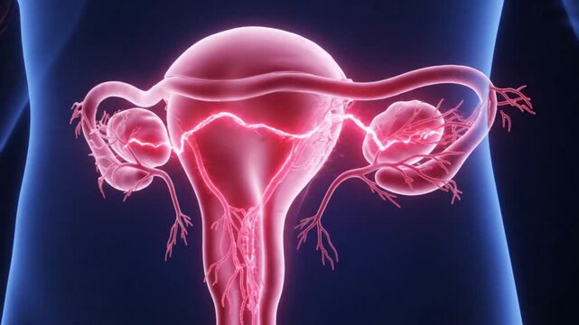 3d medical illustration of a human uterus with a glowing inflamed ovary and fallopian tube, representing gynecological conditions like endometriosis, cysts, or pelvic inflammatory disease