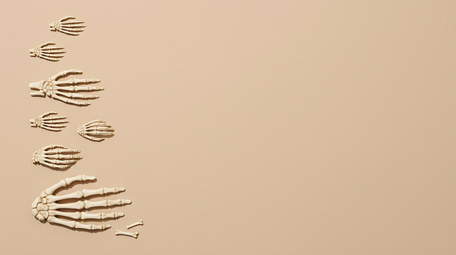 3D skeleton hands arranged on a beige background for Halloween holiday design