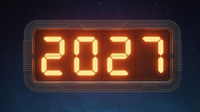 Bright digital display showing year 2027
