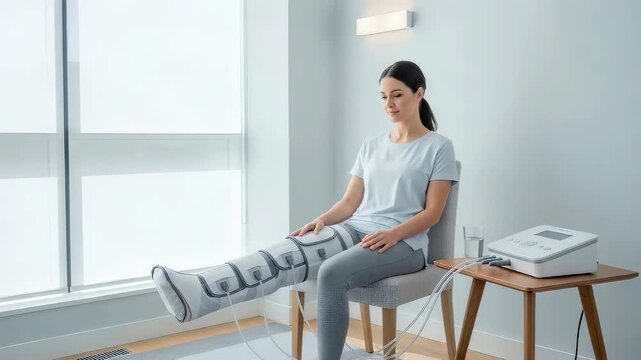 Woman receiving leg compression therapy using medical device. Patient undergoing pneumatic massage treatment to improve blood circulation and muscle recovery recovery.