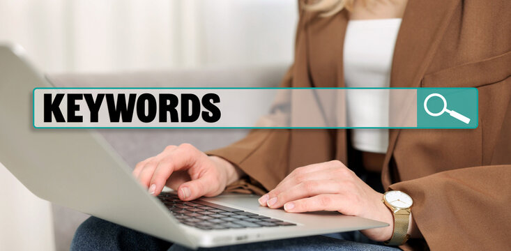 Search bar for keywords and woman using laptop indoors, closeup. Banner design