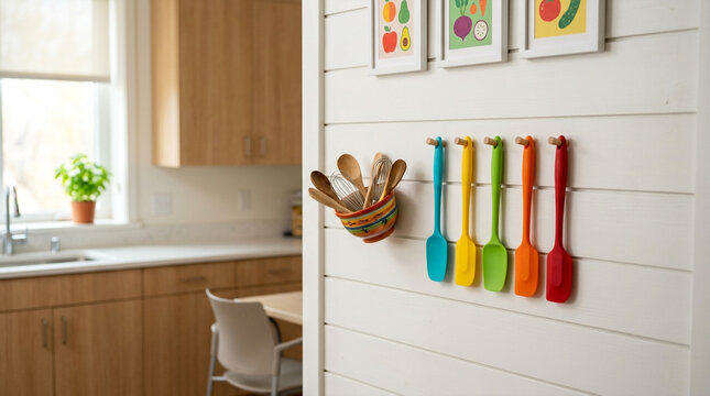 Colorful silicone spatulas hanging on a shiplap wall in a modern bright kitchen