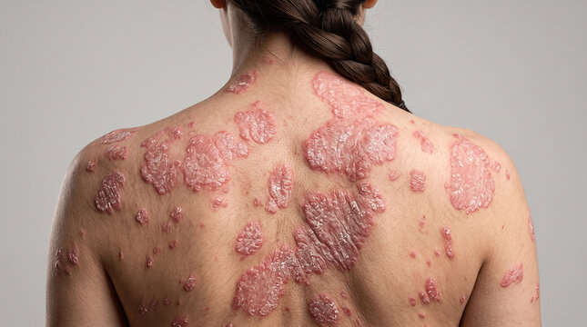 Rear View of Patient with Severe Plaque Psoriasis Showing Red Inflamed Patches and Silvery Scales Across the Upper Back and Shoulders