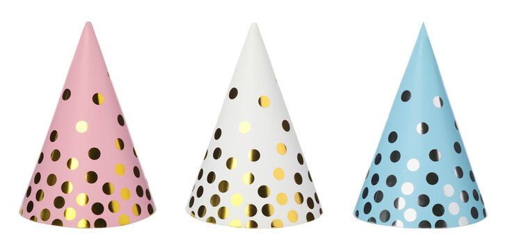 Colorful party hats on transparent background, set