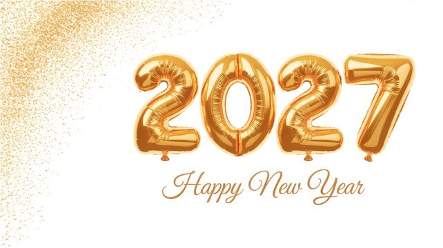 Happy new year 2027 gold foil balloons with celebration text