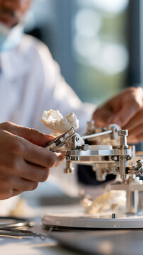 Dental technician working with dental articulator in a bright laboratory hands focused framing cropped composition natural lighting bright dental technician articulator