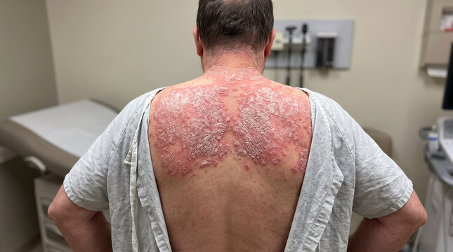Rear View of Patient with Severe Plaque Psoriasis Showing Red Inflamed Patches and Silvery Scales Across the Upper Back and Shoulders
