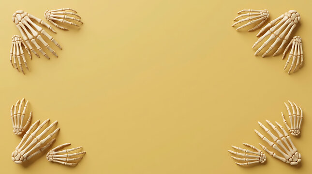 Halloween background with 3D skeleton hands frame on a solid mustard yellow backdrop