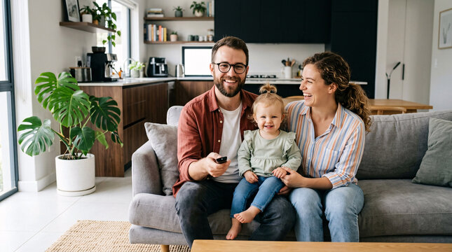 Family with toddler sitting on grey sofa holding television remote con