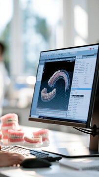 Computer screen displaying 3d dental prosthesis design software with stacked dentures visible in bright blurred background clean modern lab setting natural lighting bright