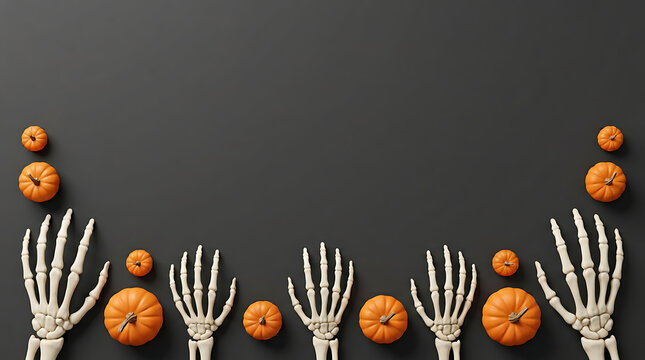 Halloween background with 3D skeleton hands and orange pumpkins on a dark grey surface.