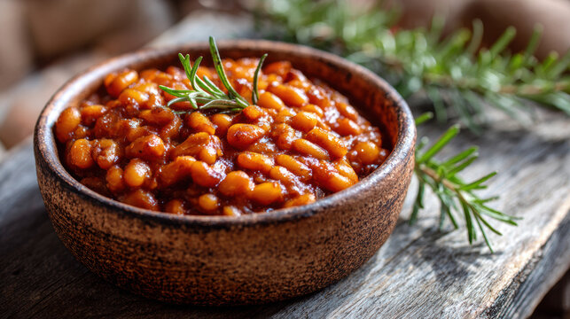 Rustic bowl of baked beans in rich tomato sauce with fresh rosemary garnish, cozy autumn comfort food with blurred background and copy space