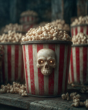 Striped popcorn cup with a skull with glowing red eyes. A glass of popcorn for Halloween, minimalistic horror scene, Halloween theme.