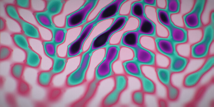 Hushed relief lighting brings out a morphing gyroid lattice in magenta, teal and multicolor tones.