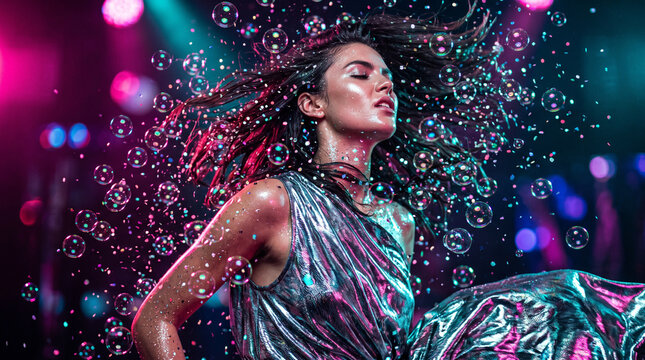 Woman Dancing in Metallic Dress with Floating Bubbles and Neon Party Lights