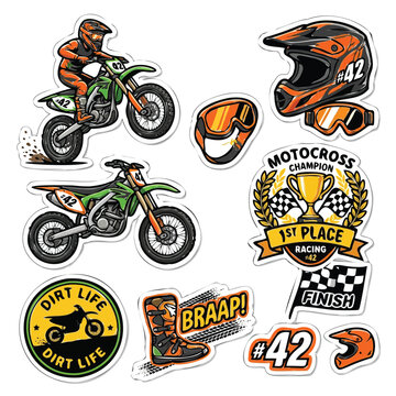 Motocross racing sticker set, dirt bike rider and helmet decals, extreme sports competition graphics, orange and green vector collection
