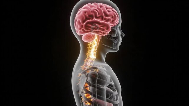 3d illustration of the human central nervous system highlighting the brain, spinal cord, and cervical nerves in a side view profile