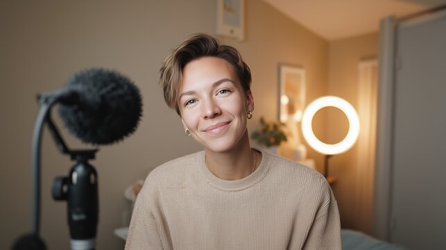 A blogger girl records a video with a camera. A young white girl is sitting in front of a camera and microphone.