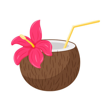 Fresh coconut cocktail with a vibrant pink hibiscus flower and a yellow straw