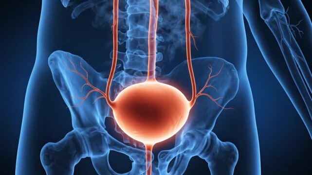 3d medical illustration of human kidneys and urinary system anatomy, highlighting the renal organs and blood vessels within the abdominal cavity