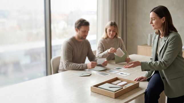 Coworkers sort expense cards in a wellness workshop