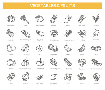 Fresh fruit and vegetables. Vector Icons set
