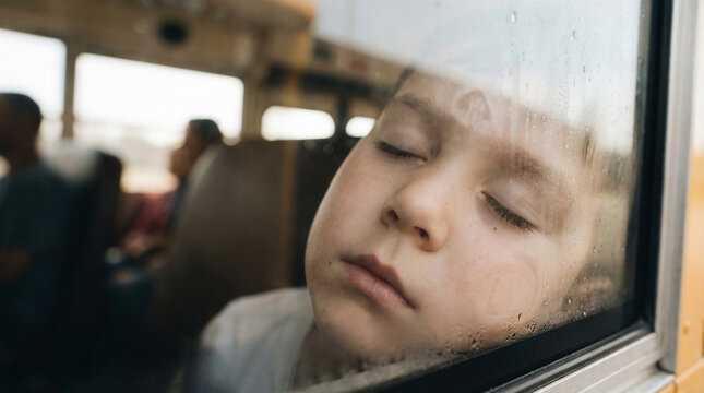 Boy asleep on bus seat looking out the window with soft expression  