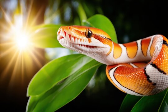 This captivating close-up features a vibrant ball python coiled amongst lush green leaves, catching the sunlight with its striking orange and white scales, showcasing its beauty