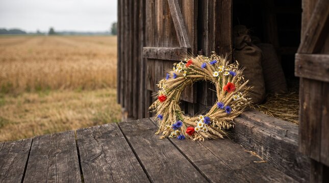 Harvest wreath rests at a traditional Polish granary threshold