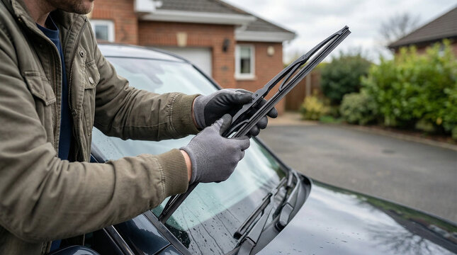 Man changing windshield wipers on a car outside a house  