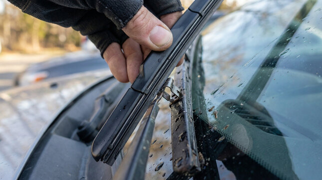 Driver changing windshield wipers on a car in a parking lot  