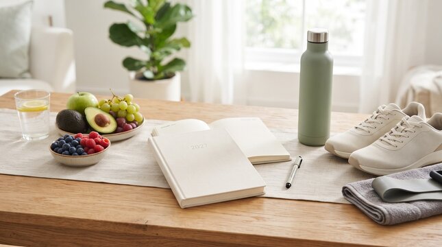 Healthy Lifestyle Concept with Planner Sneakers Water Bottle Fresh Fruits and Workout Gear on Table