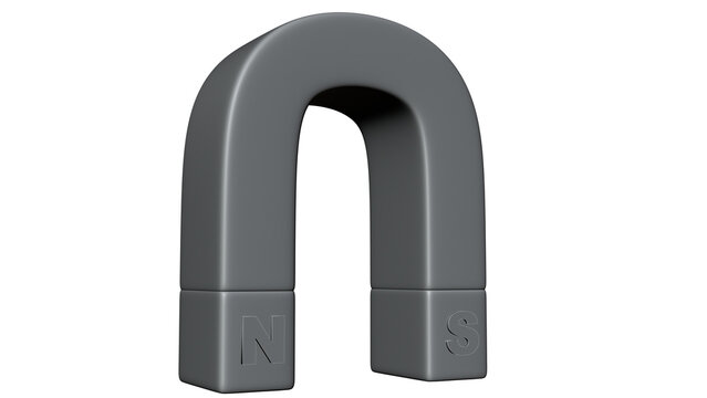 Illustration of a horseshoe-shaped permanent magnet with positive and negative poles marked on a transparent background. A horseshoe-shaped ferromagnet on a transparent background.