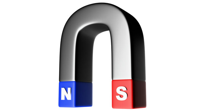 Illustration of a horseshoe-shaped permanent magnet with positive and negative poles marked on a transparent background. A horseshoe-shaped ferromagnet on a transparent background.