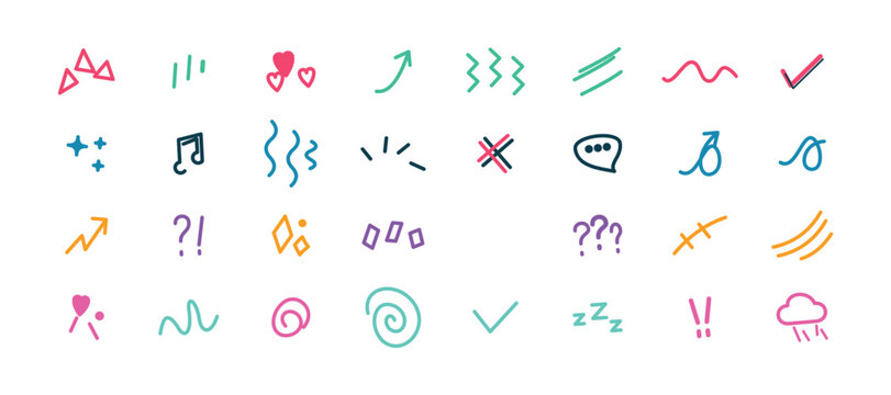 Line element movement Colorful hand drawn set. Line doodle sketch hand drawn movement effect icon pencil brush chalk stroke. Cute comic manga emoji emotion stars sparkle heart expression. Vector